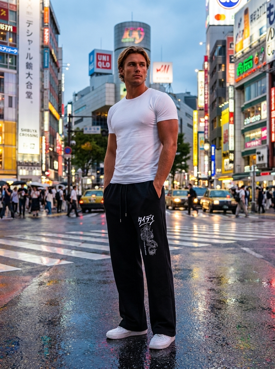 Dragon Sweatpants White Logo — editorial lifestyle shot male